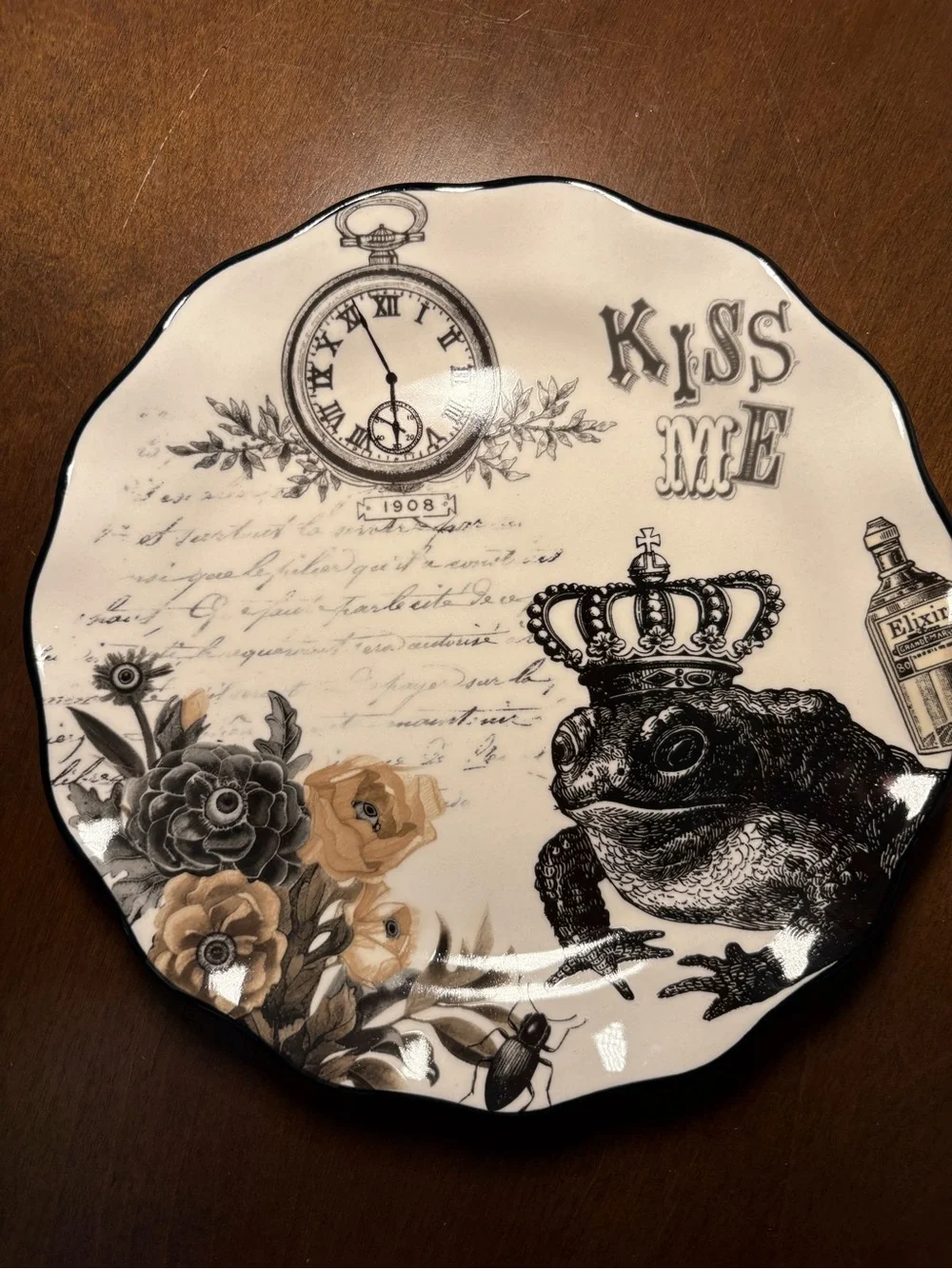 Kiss Me Crowned Frog Decorative Wall Plate - Black, White & Tan